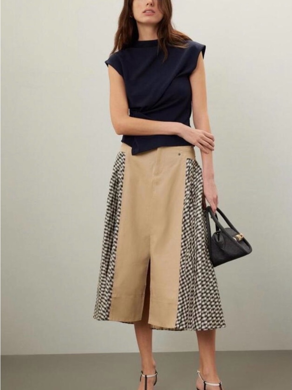 Tanya Taylor Beige Midi Skirt with Black-and-White Gingham Panels